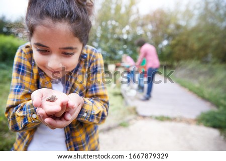 Girl Holding Small Frog As Group Of Children On Outdoor Activity Camp Catch And Study Pond Life