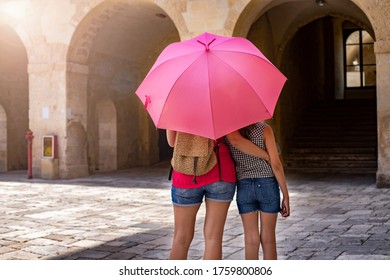 A Girl Holding Sun Umbrella. Protection Ways From Powerful Sun Of South Italy. 