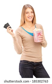 Girl Holding Two Movie Tickets And Box Of Popcorn Isolated On White Background