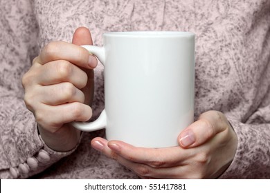 Girl Is Holding White Cup In Hands. Mug For Woman, Gift. Mockup For Designs.