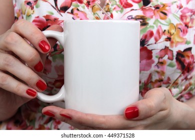 Girl Is Holding White Cup, Mug In Hands. Mockup For Designs.