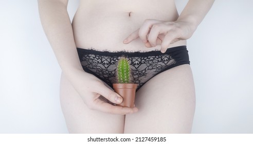 The Girl Holds A Cactus In Front Of Her Pubis. Symbol Of Stubble And Problems With Home Depilation. Razor Near Excess Hair. Body Positivity And Body Hair Problems.