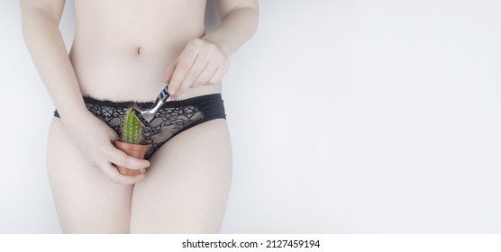 The Girl Holds A Cactus In Front Of Her Pubis. Symbol Of Stubble And Problems With Home Depilation. Razor Near Excess Hair. Body Positivity And Body Hair Problems.