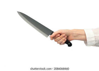 The Girl Holds A Large Knife Isolated On A White Background. The Kitchen, Cooking Of Food, Protection, Defense, Attack, The Attack, Safety, The Cook, Food To Cut