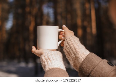 Girl Holds A White Mug In The Forest. Female Hands Hold A White Mug Against The Background Of The Spring Forest.