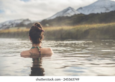 Girl In A Hot Spring In Iceland Landmannalaugar