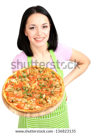 Girl housewife with delicious pizza isolated on white