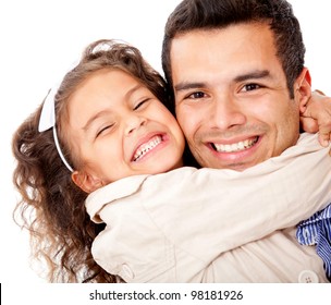 Girl hugging her father - isolated over a white background