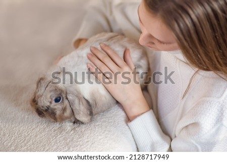Girl hugs a cute white rabbit at home.a girl with a rabbit, bunny pet. close up