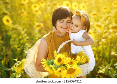 Girl Hugs Her Grandmother Holding Basket Of Sunflowers In Hand. A Grandchild With Her Grandma In Field At Sunset. Love Of Kids And Parents. Parental Care And Affection. Parenting. Grandparents Day