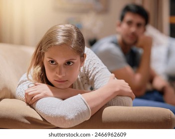 Girl, ignore and thinking on couch with man after argument, fight and thoughts of past cheating or communication issues. Couple, home and woman unhappy with ideas of break up or divorce and conflict - Powered by Shutterstock