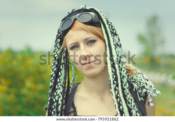 Girl Image Cyberpunk Goth Walking Abandoned Stock Photo