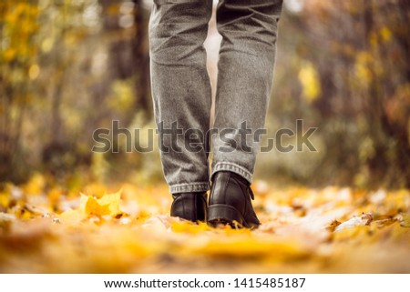 A girl in jeans and boots walks through the autumn forest or parkland. View of women's legs in the multi-colored foliage in the Indian summer season