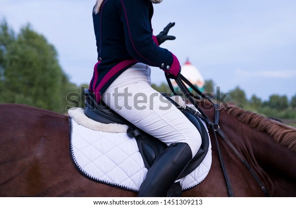 Girl jockey in dress uniform sitting\
on a horse. Depicted: a fragment of the girl\'s body, the muzzle of\
a horse, bridle, reins, saddle and stirrup. Side\
view.