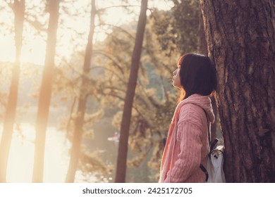 girl journey and tourists visiting northern tea plantations during the cold season, traveler many people visiting at Mae Hong Son Province, Thailand country asia