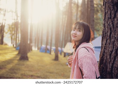 girl journey and tourists visiting northern tea plantations during the cold season, traveler many people visiting at Mae Hong Son Province, Thailand country asia