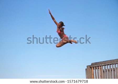 Similar – Image, Stock Photo Girl on jetty Joy Summer