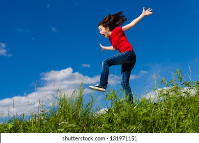 Girl jumping, running outdoor