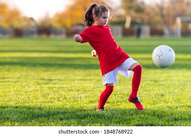 Girl kicks a soccer ball on a soccer field - Powered by Shutterstock