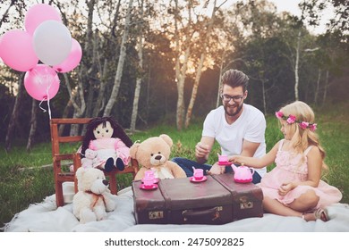 Girl, kid and tea party with father outdoor for playing, memory and childhood fun or entertainment. Dad, daughter and toys in garden for nature picnic with happiness, bonding and imagine with love. - Powered by Shutterstock