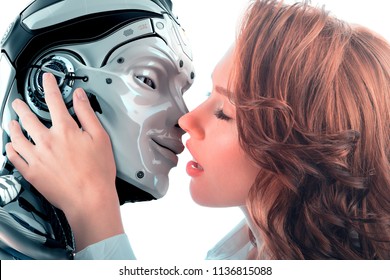 Girl kissing a robot
