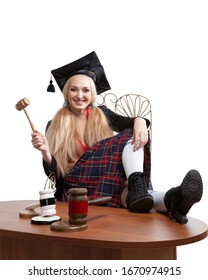 Girl Law Student In Traditional Graduation Costume Hooligan Judges Hammer