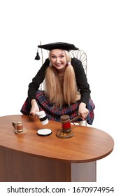 Girl Law Student In Traditional Graduation Costume Hooligan Judges Hammer