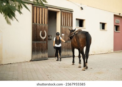 The girl leads the horse to the stall, horse farm, walks and communication with horses - Powered by Shutterstock