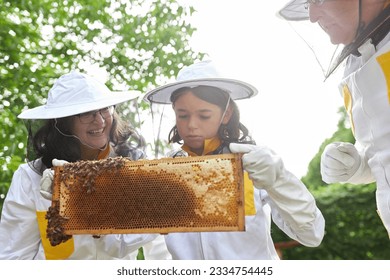 Girl learning about apiculture while examining honeycomb frame with senior beekeepers at farm - Powered by Shutterstock