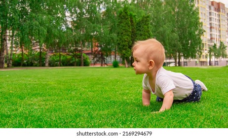 The Girl Learns To Crawl In The Garden On The Green Grass. Profile View And Space For Text.