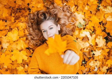 The girl lies in the autumn leaves and holds out one to the camera, a good autumn photo of a teenager