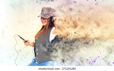 Girl Listening To Music Over Graffiti Background