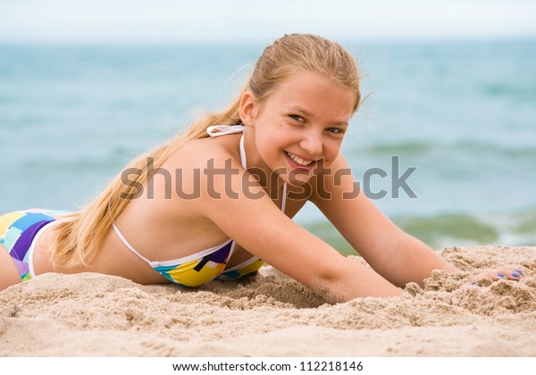 Girl Long Blond Hair On Sandy Stock Photo Edit Now 112218146