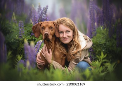 A girl with long red hair hugging a muscular Hungarian Vizsla dog among a purple flowers field on a cloudy spring day. Family portrait. Best friends. Together forever
 - Powered by Shutterstock