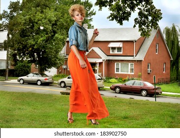 Girl In Long Skirt Outside 