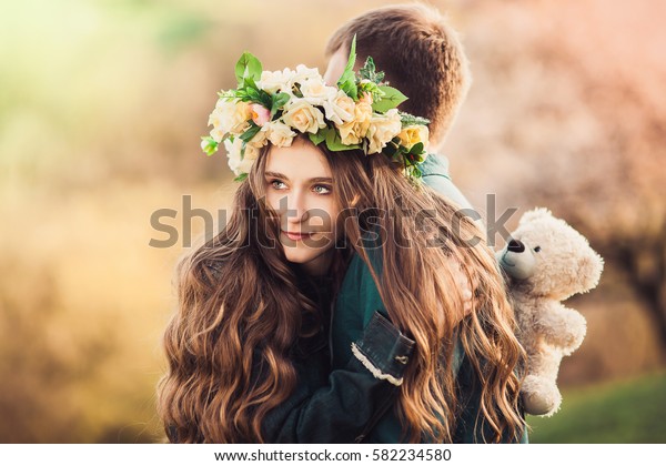 Girl Long Wavy Hair Flower Wreath Stock Photo Edit Now 582234580