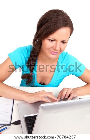 Girl looking at laptop, shot on white
