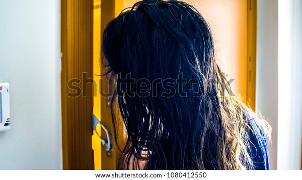Girl Looking Through Door Hole Her Stock Photo Edit Now 1080412550