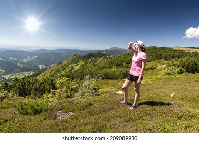 Girl Looks Out Over The Mountains, Czech Mountains Krkonose