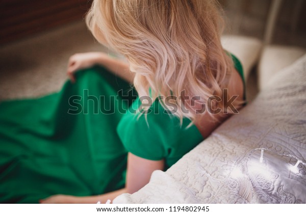 Girl Luxurious Blonde Hair Green Elegant Stock Photo Edit Now