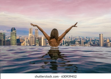 Girl In The Luxury Marina Bay Sands Rooftop Pool Enjoy Her Travel Singapore