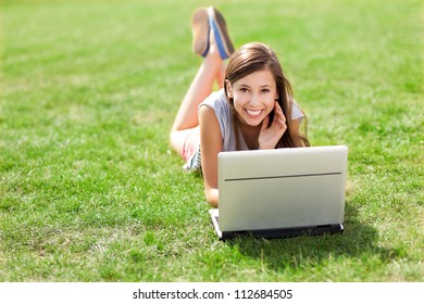 Girl Lying On Grass Laptop Stock Photo 112684505 