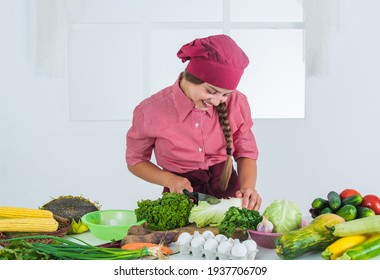 Girl Making Dinner From Vegetables, Eating