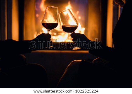 girl and  man at the fireplace drink wine