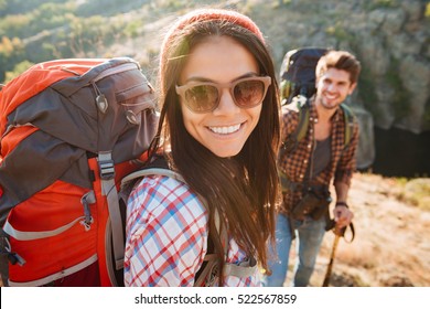 Girl with man near the canyon. man on background Stock Photo