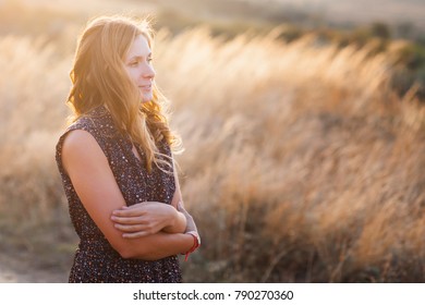 Girl And Meditation. Meditation In Nature.