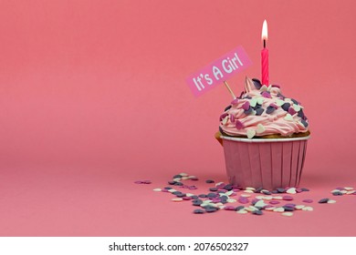 Its A Girl Message And Candle Topping A Homemade Cupcake With Fresh Cream And Sprinkles.