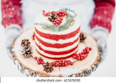 The Girl In Mittens Holding A Cake. Winter Cake. Shallow Depth Of Field.