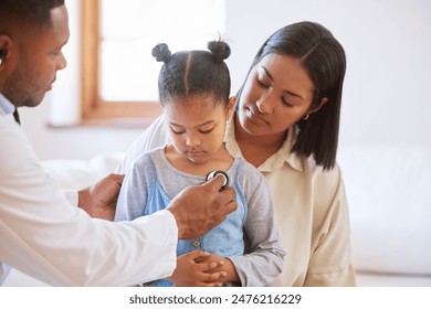 Girl, mom and doctor with stethoscope in healthcare for listening to heartbeat, lung assessment and chest checkup. Cardiology, pediatrician and medical tool for examination, evaluation and concern - Powered by Shutterstock