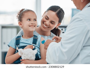 Girl, mom and doctor with vaccine injection, cotton ball and flu shot on arm for disease or covid prevention in hospital. Woman, nurse and child with pediatrician help with bandaid, teddy or health - Shutterstock ID 2308802129
